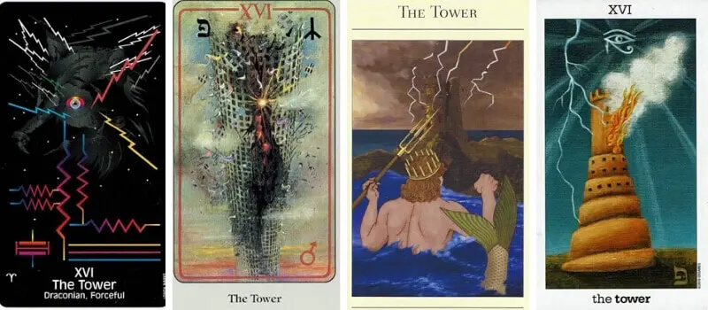 The Tower tarot card in different decks