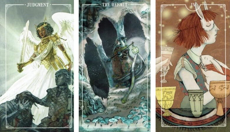 tarot cards judgment, the hermit, 4 of cups