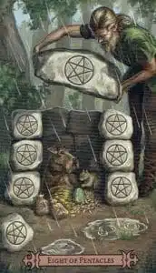 8 de Pentacles Spellcaster Tarot