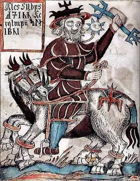 Monta un caballo de ocho patas llamado Sleipnir.