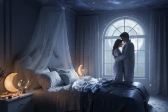 moon sign in bed couple embracing under glowing crescent moon