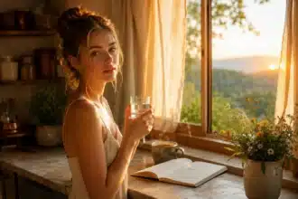 5-minute morning ritual june shown by a serene woman facing camera at sunlit kitchen window holding glass of water with notebook