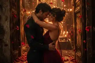 6/6 portal love activation shown by a sensual couple embracing face to face in a glowing wooden doorway with rose petals and warm gold light