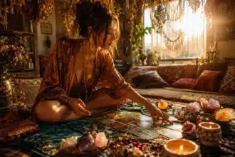 astrology trend younger witches got right shown by Gen Z witch real photo with tarot cards and candles in cozy bedroom