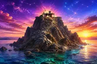 capricorns quietly quitting shown with a sea-goat figure stepping off a corporate ladder under a waning moon
