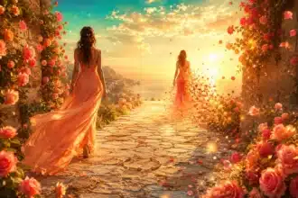 friend each zodiac sign should cut off shown by two female silhouettes walking away from each other in golden hour with roses