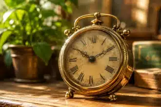 hour you were born shown by a vintage clock face in bright warm afternoon golden sunlight