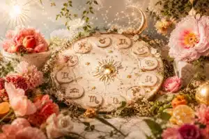 june 2026 horoscope shown by 12 small zodiac glyphs glowing around a single open notebook in soft daylight