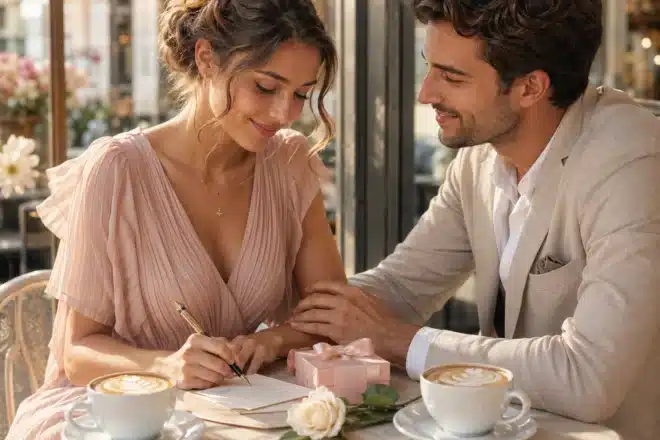 love languages of the zodiac shown by a romantic couple holding hands writing notes exchanging a gift at sunlit cafe table