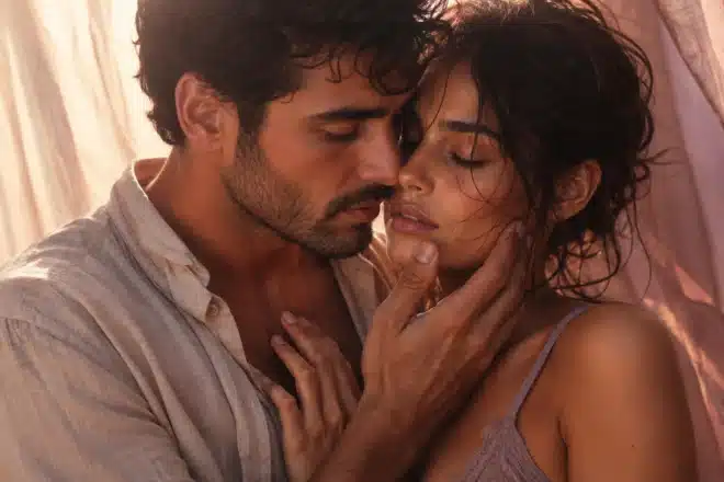 love life transforms 2026 shown by a sensual couple intimate face to face at golden hour rose pink window light