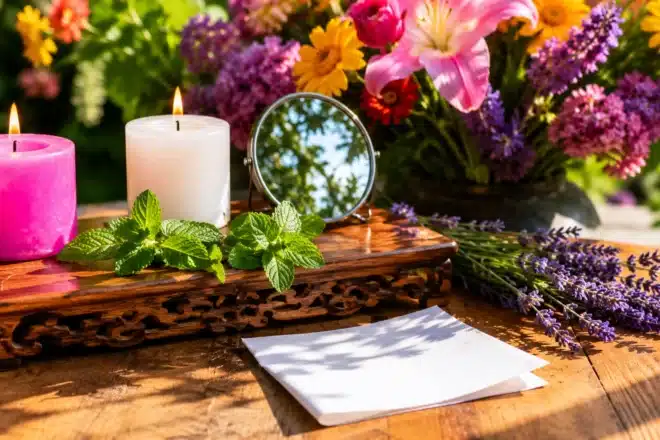 new moon gemini ritual altar with candles paper mint in bright warm afternoon light