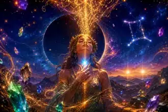 new moon in gemini sentence whispered by a woman under a dark sky with twin stars rising