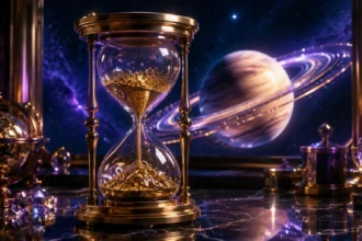 saturn sign sabotage shown as a saturn ring fracturing across a birth chart wheel in muted gold