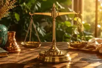 signs whose karma got faster shown by a polished brass scale in bright warm golden hour light