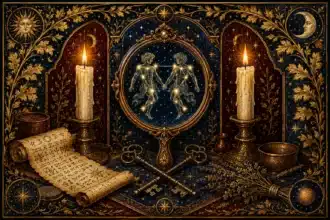 ancient witches gemini season spell shown in illuminated manuscript style with twin candles iron keys
