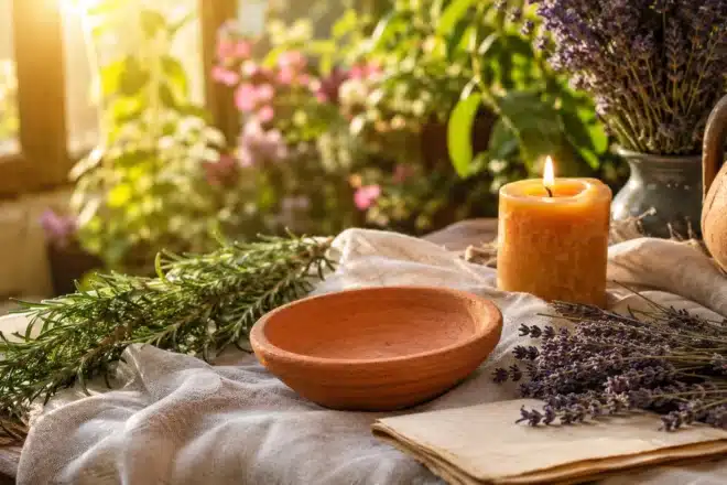 things every empath should burn shown by a clay dish with herbs notes candle in bright afternoon light