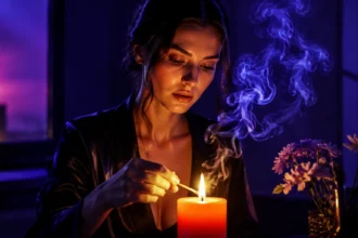 witch hour zodiac element shown as four candles arranged by element with cosmic clock in background