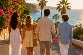 zodiac signs best summer shown by 4 distinct friends walking on a sunlit coastal road