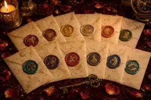 june 2026 love forecast shown by 12 antique love letters with glowing zodiac wax seals on burgundy velvet under amber candlelight