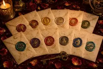 june 2026 love forecast shown by 12 antique love letters with glowing zodiac wax seals on burgundy velvet under amber candlelight