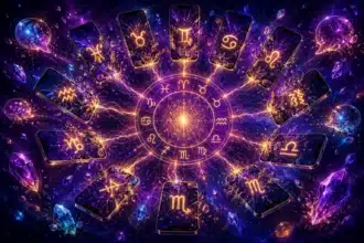 toxic group chat behavior shown by 12 floating smartphones with shattered screens displaying zodiac symbols in cosmic violet sky