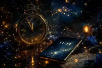 1111 meaning shown by a clock and phone reading 11:11 amid glowing cosmic light particles and starry bokeh