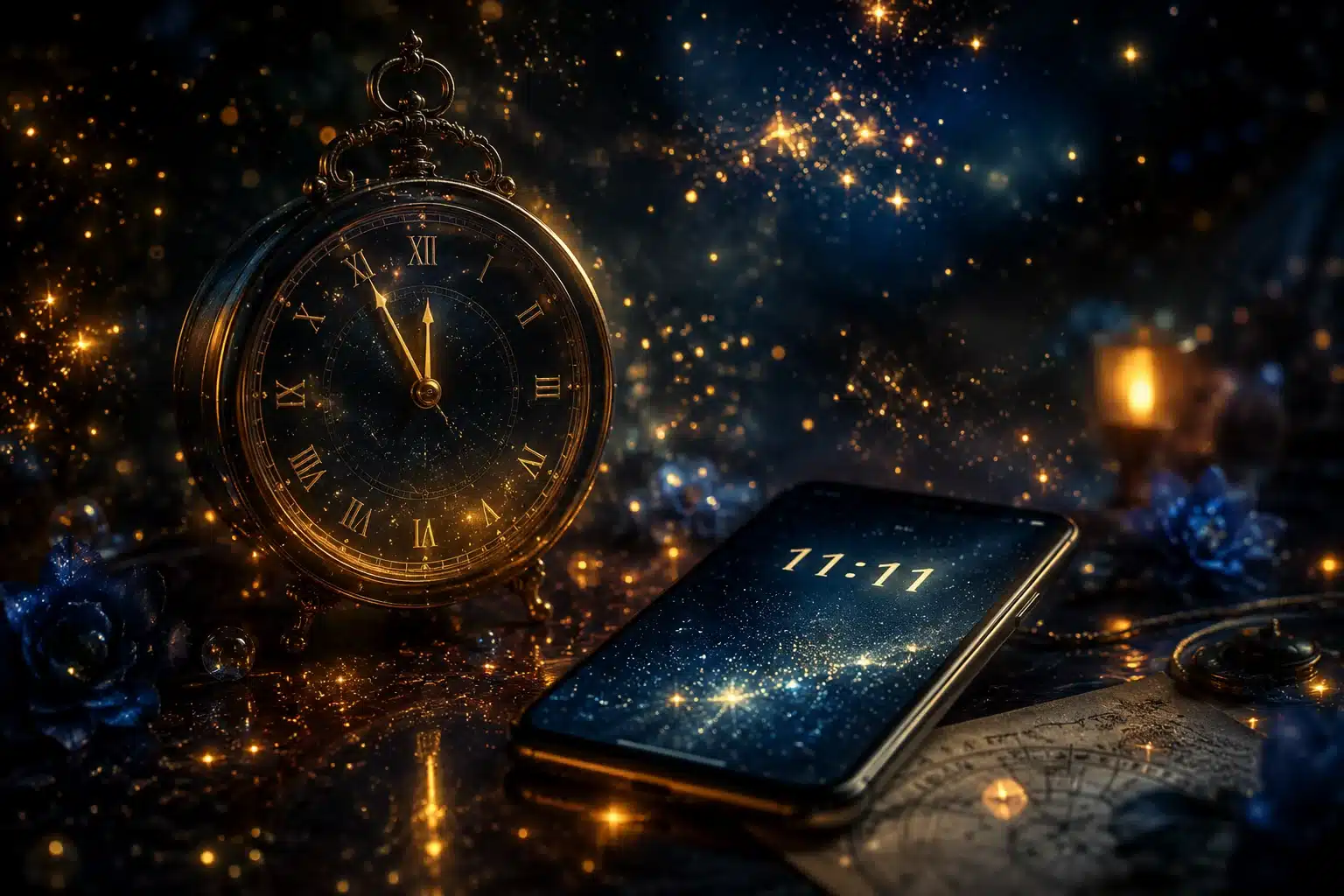 1111 meaning shown by a clock and phone reading 11:11 amid glowing cosmic light particles and starry bokeh