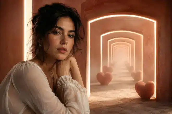 attracting the same type shown by repeating identical doorways fading into the distance with one person pausing