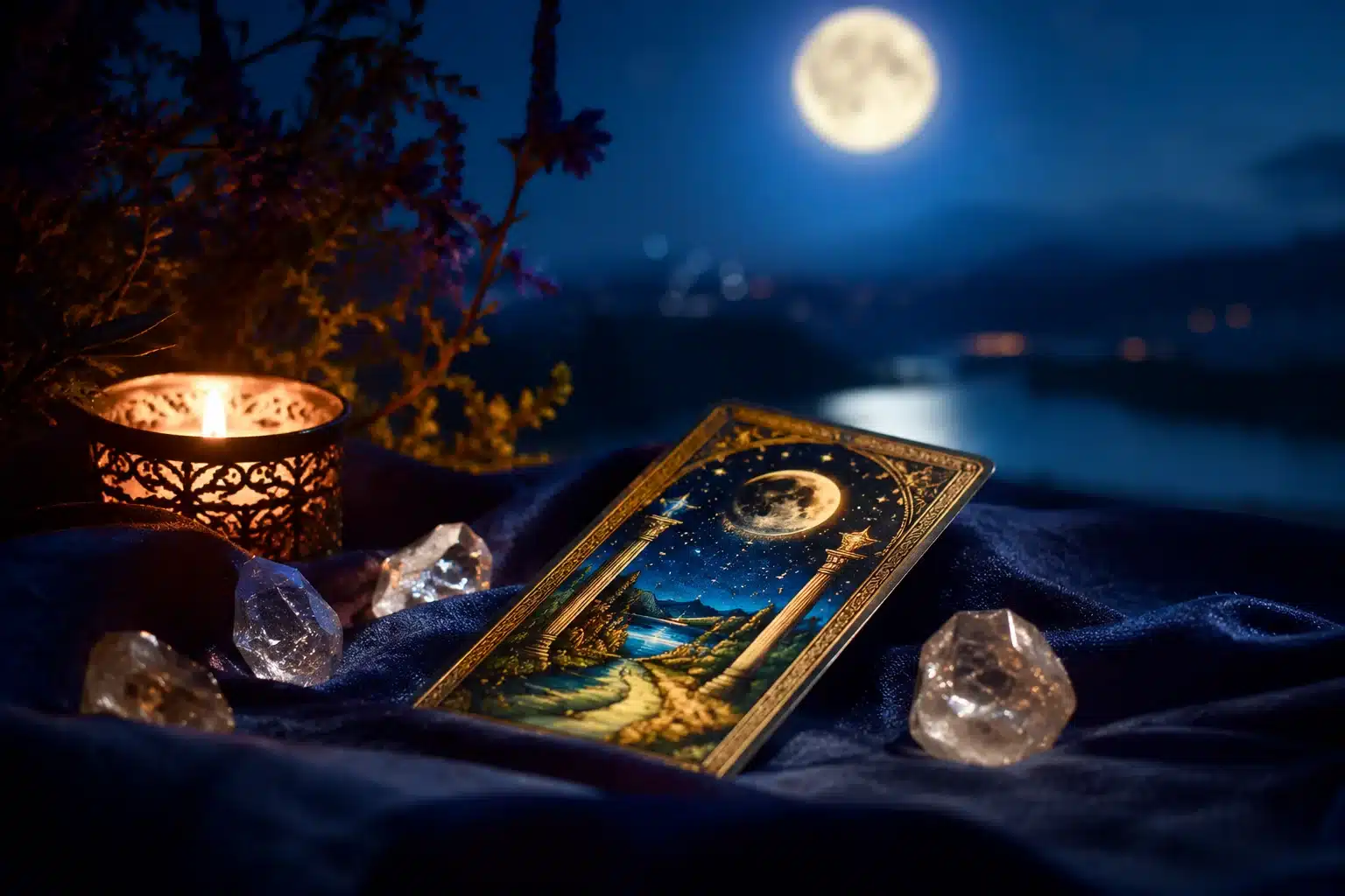 capricorn full moon tarot spread with a single card turned face up on dark linen beside a low candle under a bright full moon