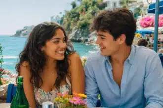catch feelings this summer shown by a young couple laughing and exchanging a flirtatious glance on a sunny seaside terrace as they start to catch feelings