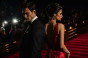 celebrity zodiac breakups shown by a glamorous couple back to back in eveningwear under dramatic red carpet lighting