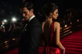 celebrity zodiac breakups shown by a glamorous couple back to back in eveningwear under dramatic red carpet lighting
