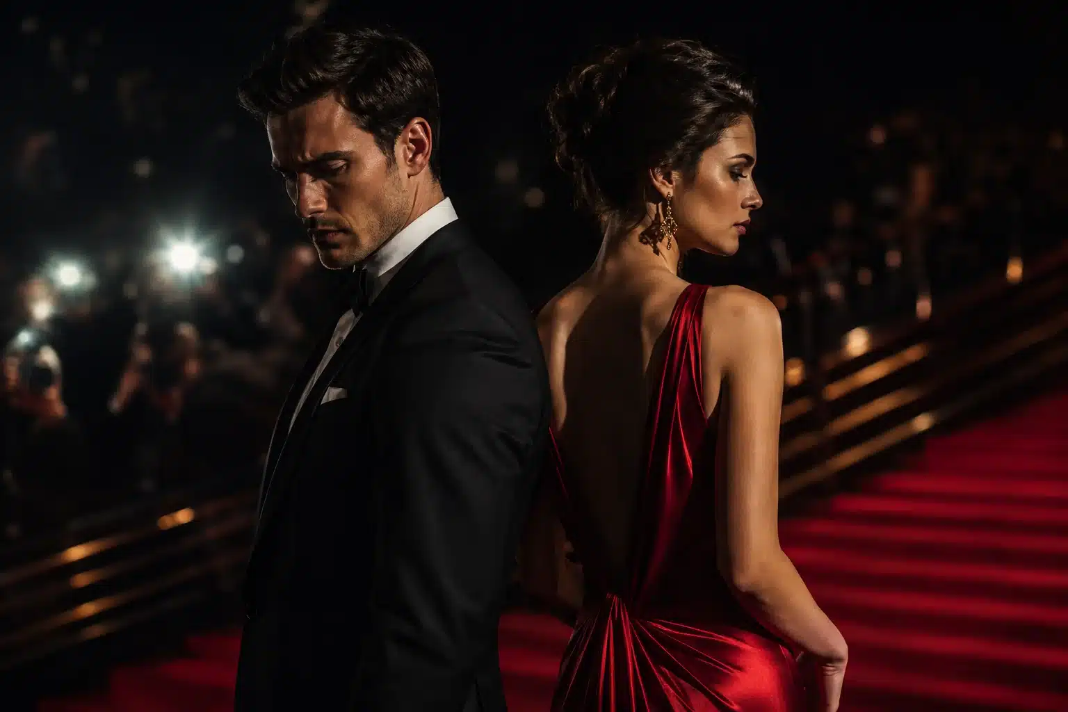 celebrity zodiac breakups shown by a glamorous couple back to back in eveningwear under dramatic red carpet lighting