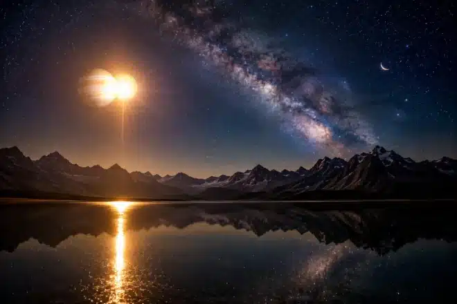 cosmic events june 2026 shown by a dramatic venus jupiter conjunction blazing low over a mirror-still mountain lake with the milky way arching above