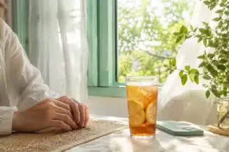 emotionally intelligent people shown by hands by a sunlit summer window with iced tea and a phone face down