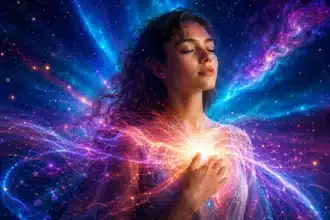 empath zodiac signs represented by a serene young woman with her hand over her heart surrounded by glowing concentric waves of teal violet and magenta energy under a vivid starry cosmic sky