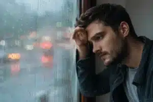 feeling everything more deeply shown by a pensive young man resting against a rain-streaked window with soft colorful reflections