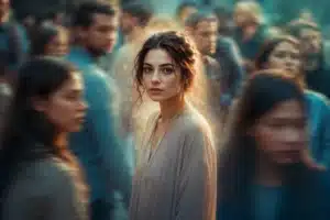 highly sensitive empath shown by a calm person standing in a soft blurred crowd with a faint glowing aura around them