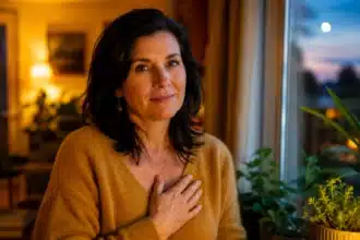 intuition in cancer season shown by a person pausing by a rain-streaked window at dusk, one hand resting over their chest, soft lamplight behind them