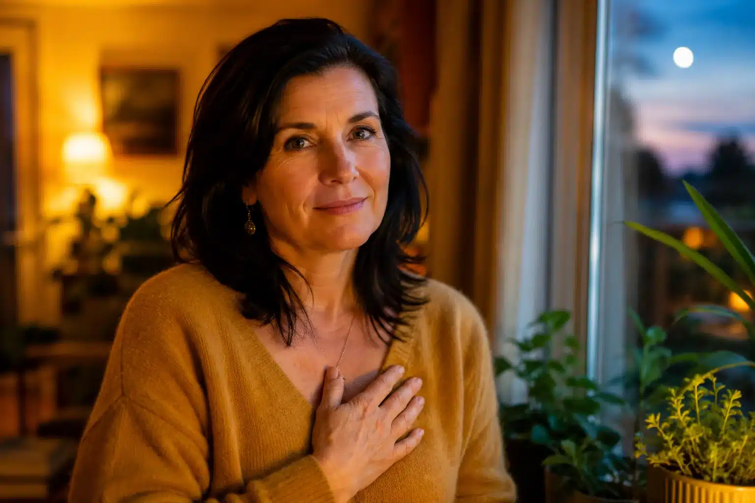 intuition in cancer season shown by a person pausing by a rain-streaked window at dusk, one hand resting over their chest, soft lamplight behind them