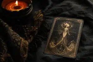 most feared tarot card shown by an ornate tarot card turned face up on dark linen beside a low candle