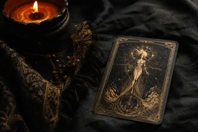 most feared tarot card shown by an ornate tarot card turned face up on dark linen beside a low candle