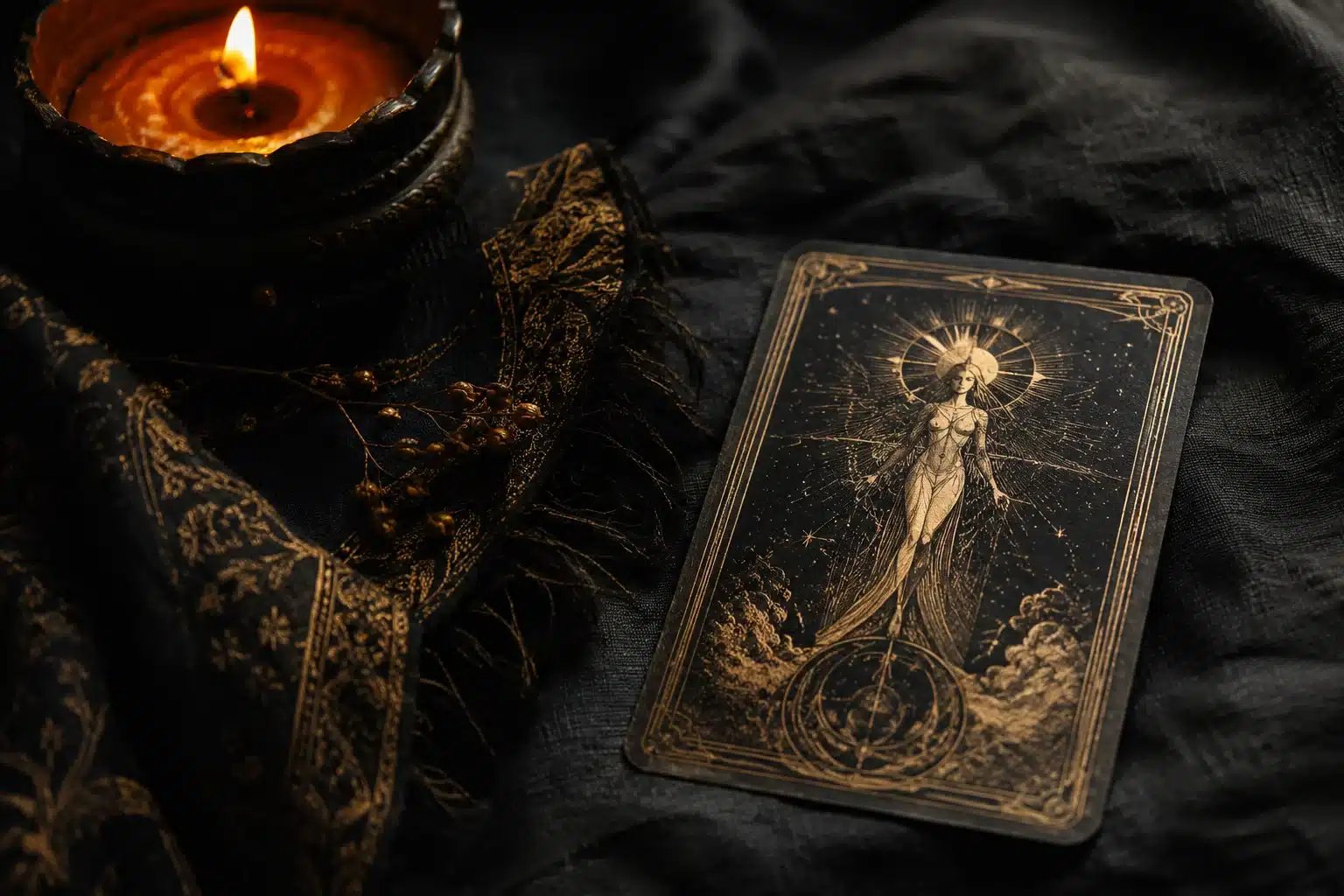 most feared tarot card shown by an ornate tarot card turned face up on dark linen beside a low candle