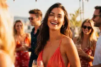 most magnetic zodiac sign shown by one glowing person drawing every glance at a sunlit summer gathering