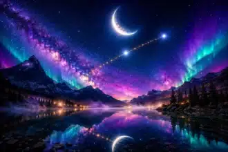 new moon in gemini 2026 shown by a luminous glowing moon with the twin stars castor and pollux blazing above a vivid aurora-lit cosmic sky mirrored in a calm reflective lake
