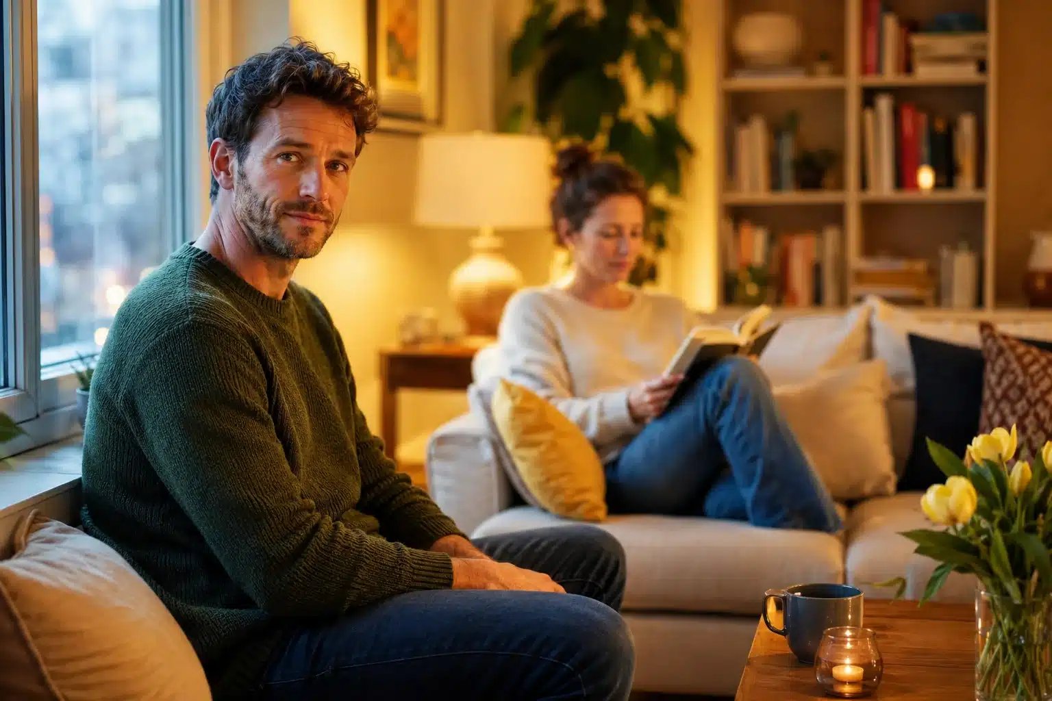 partner wants space shown by one person sitting calmly by a window at dusk while the other reads quietly across a softly lit room