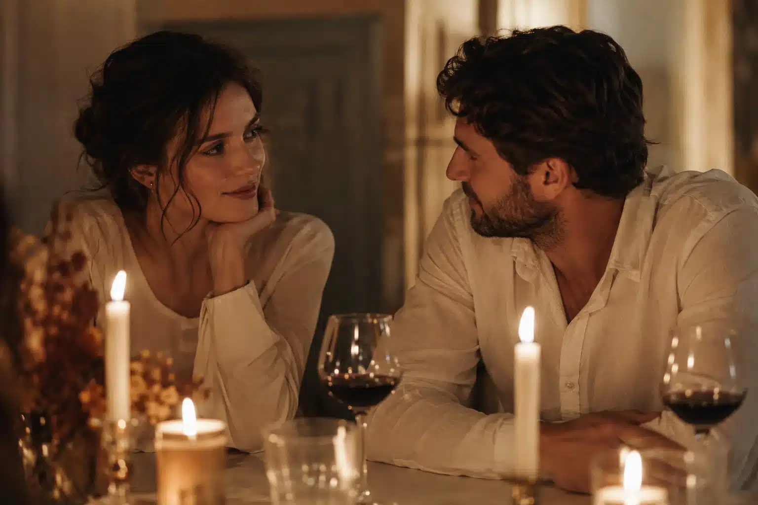signs someone is your soulmate shown by a couple sharing a quiet knowing look across a candlelit table