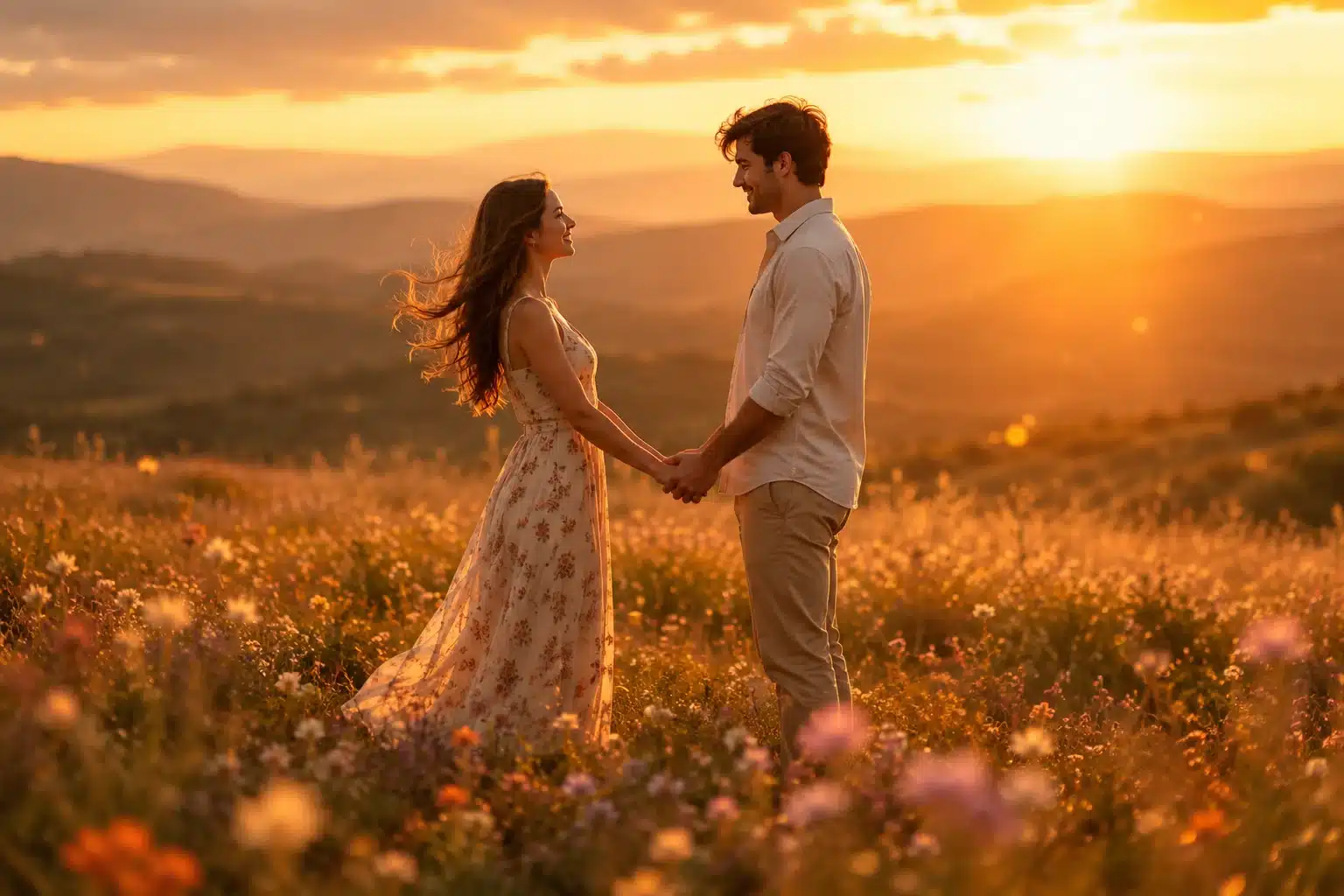 partner is your soulmate shown by a couple holding hands face to face in a sunlit golden-hour wildflower meadow in a wide warm romantic scene
