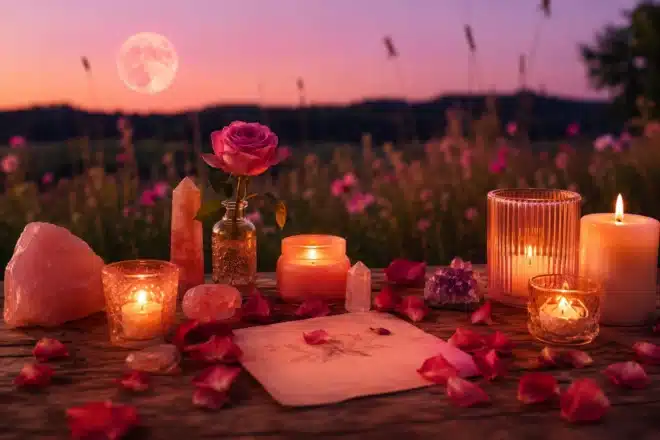strawberry moon manifestation altar with lit candles, a handwritten intention, and a low warm full moon over a quiet field
