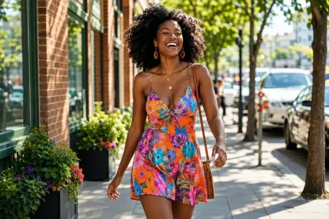 summer glow-up shown by a confident Black woman with voluminous natural afro hair radiating energy and self-respect in bright summer daylight, carrying herself with relaxed confidence